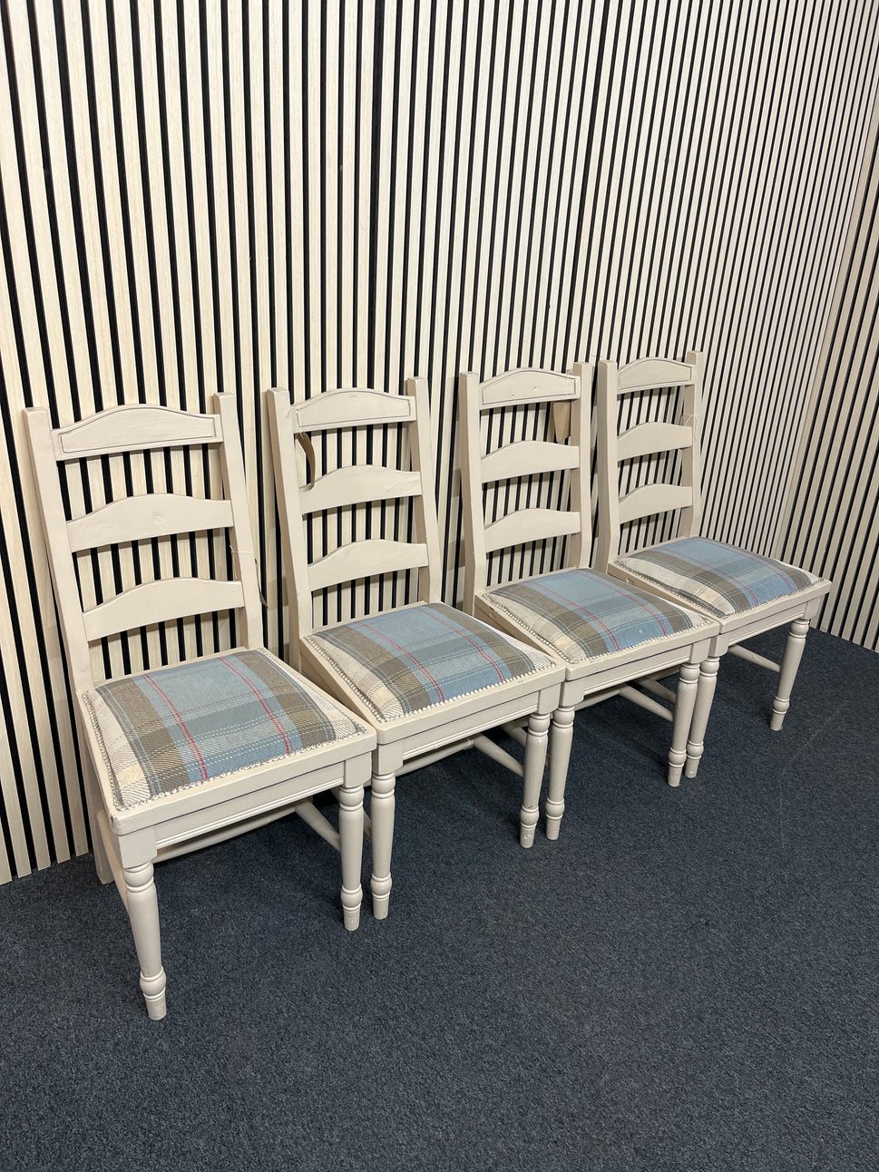 Cream painted solid wood tartan fabric dining chair (SET OF 4)