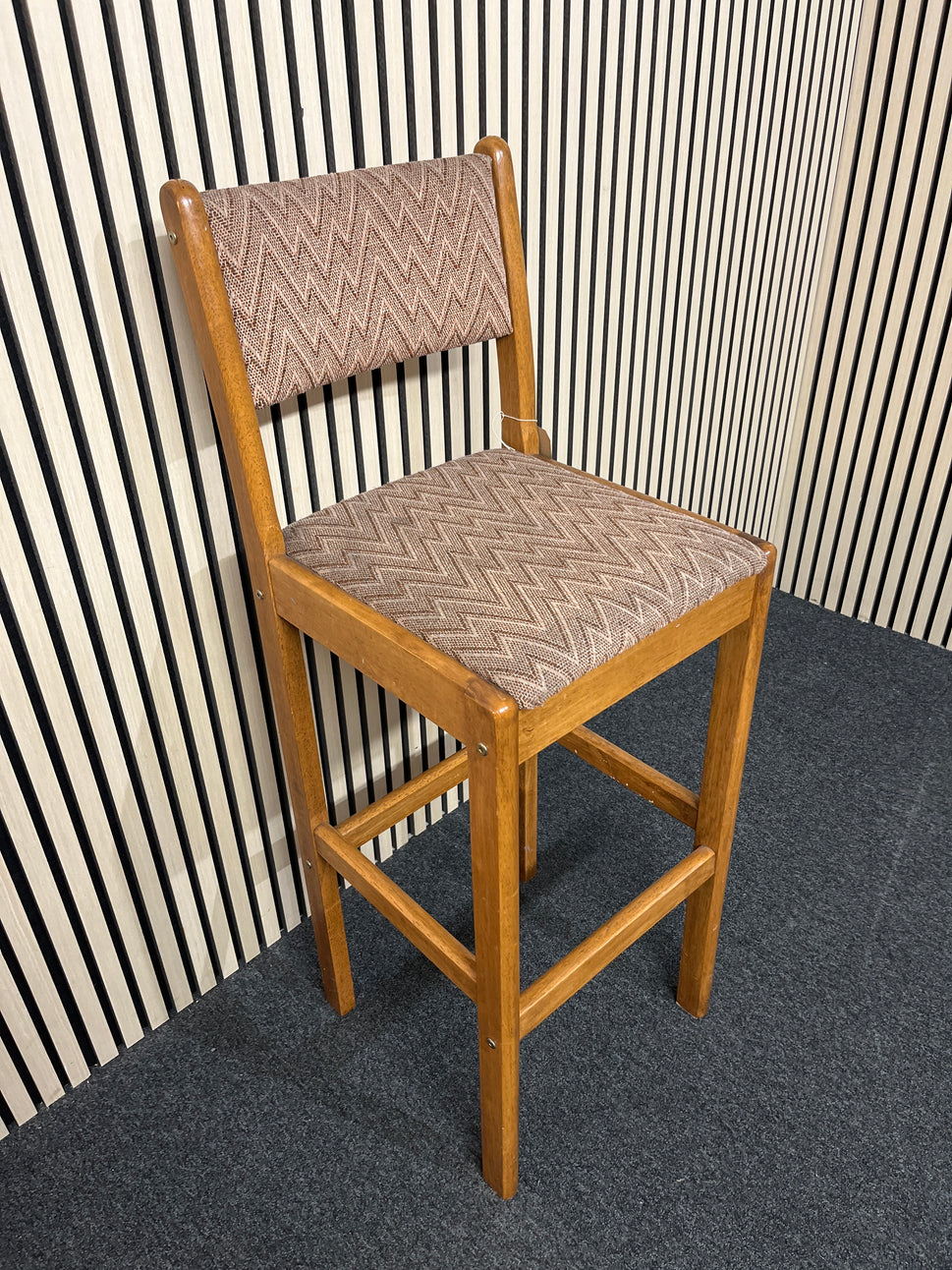 Solid stained rubberwood high back bar stool with brown mix fabric seat cushion