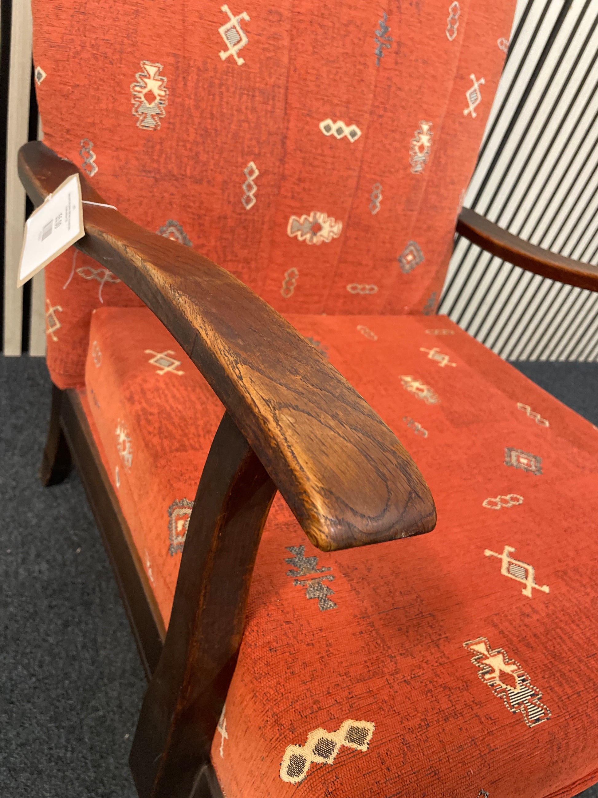 Solid wood, dark stained, high back terracotta fabric fireside armchair 1126