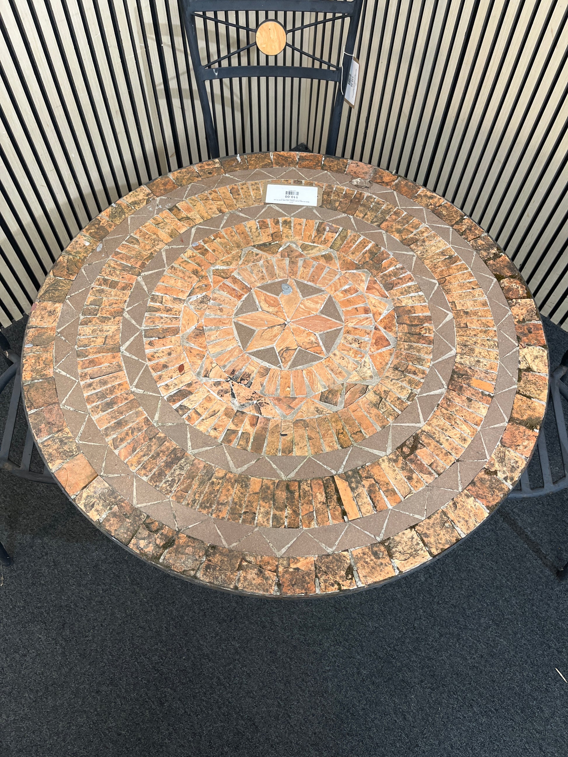 Metal and tiled circular outdoor patio table (width 90 cm) with 3 no. matching chairs 43731