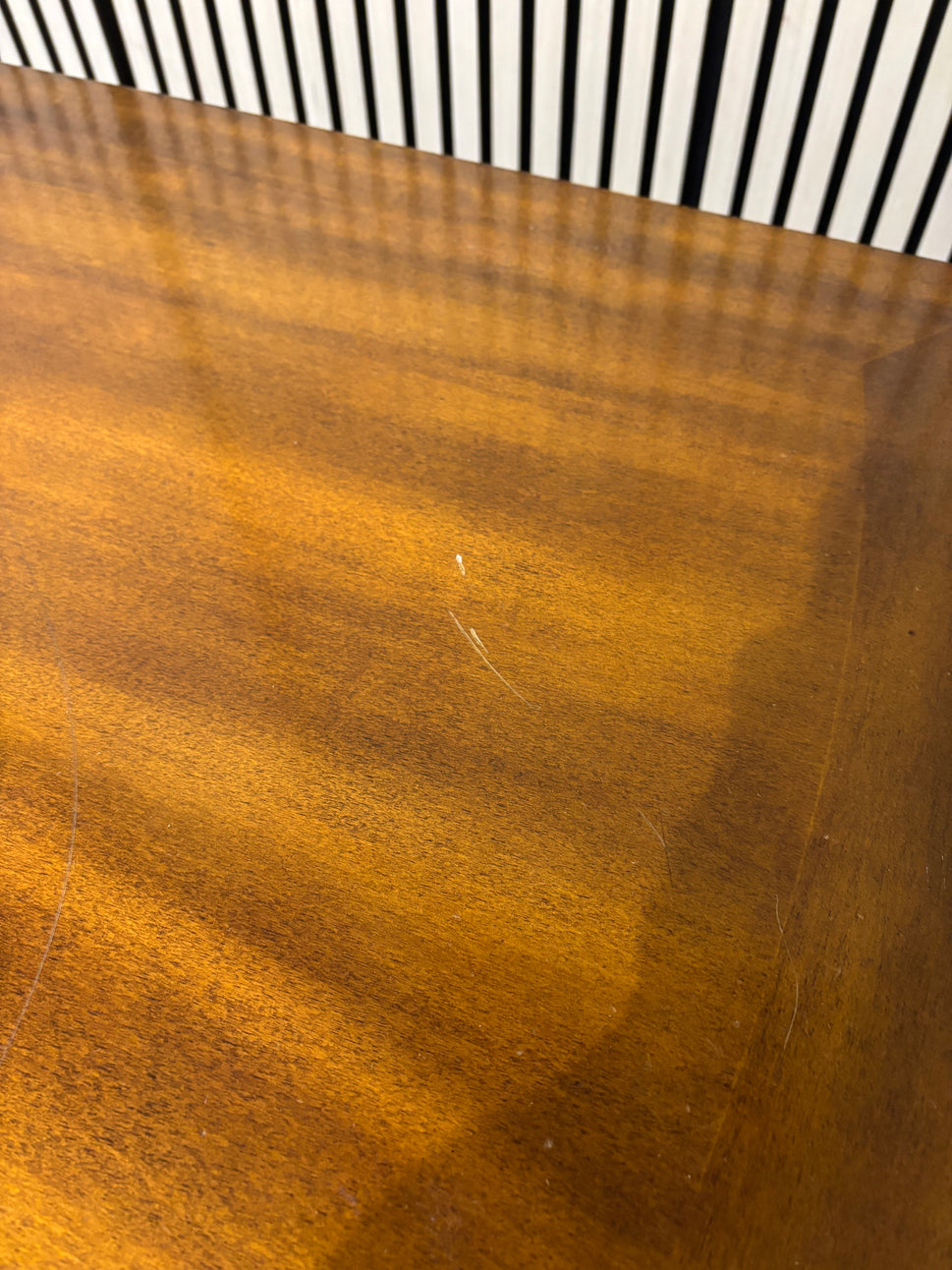 Solid dark wood stained low rectangular coffee table with ornate black metal details 2425