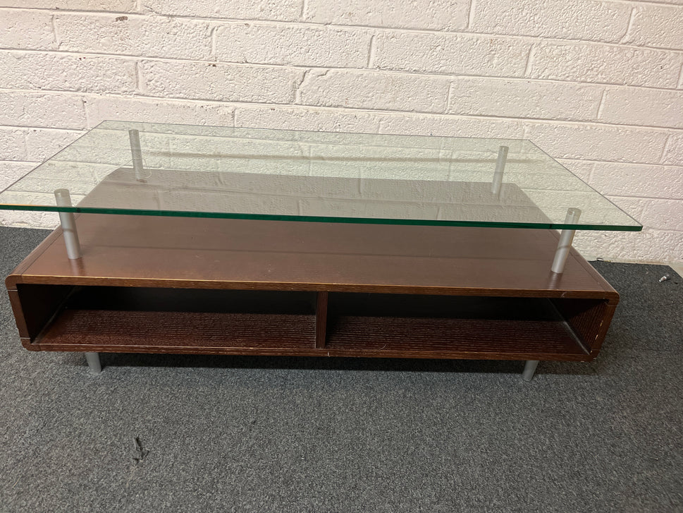 Modern dark wood laminate coffee table with glass top 1325