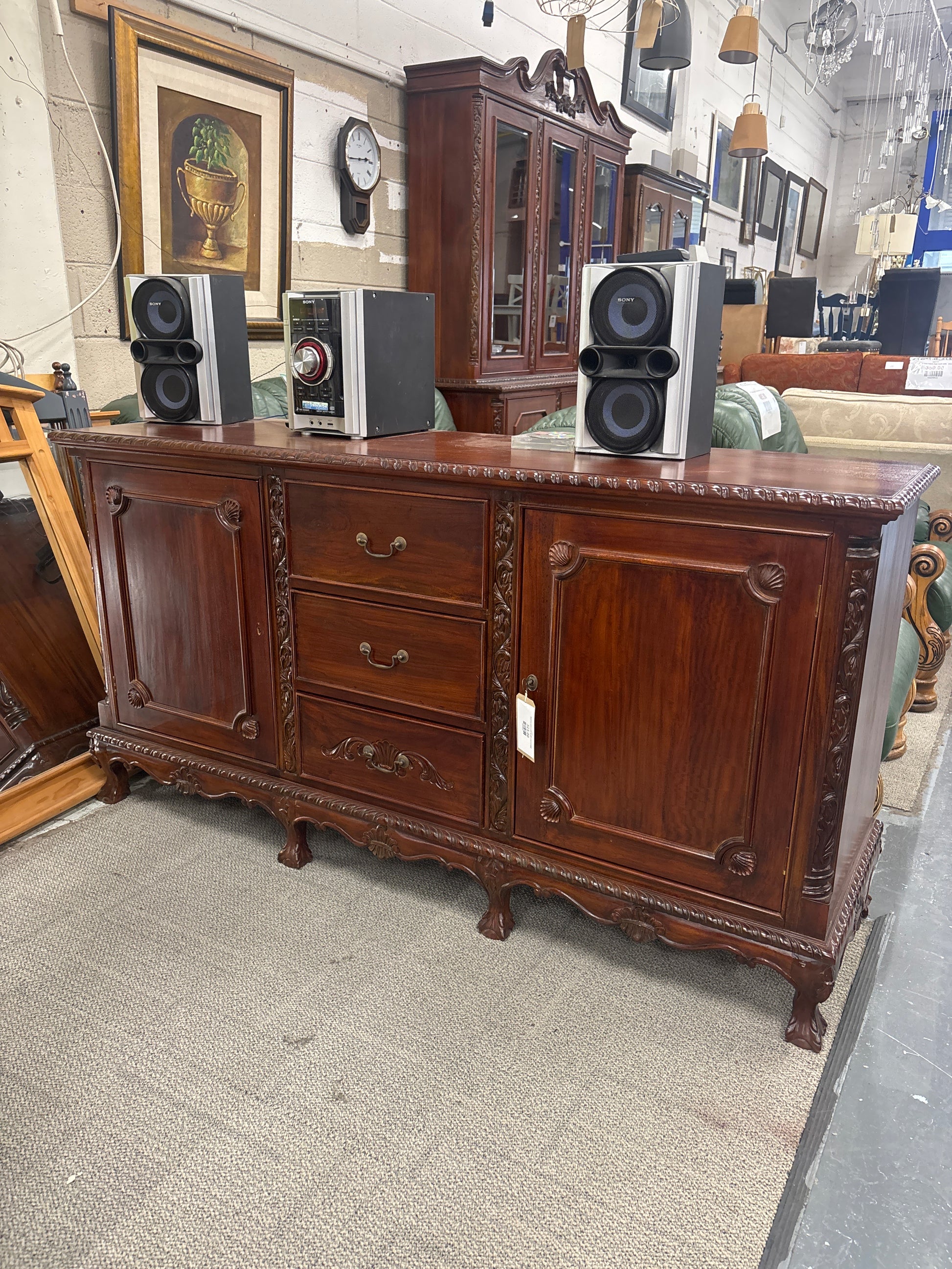Rossmore 2 door & 3 drawer Dark carved wooden sideboard cabinet (H 95 x W 183 x D 55 cm) 43804