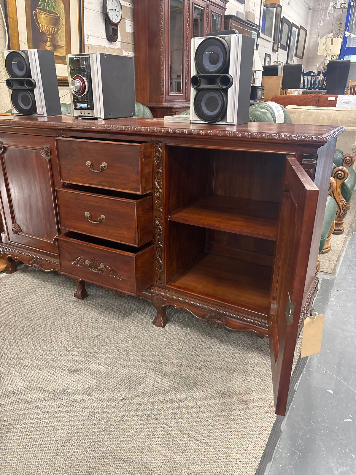 Rossmore 2 door & 3 drawer Dark carved wooden sideboard cabinet (H 95 x W 183 x D 55 cm) 43804