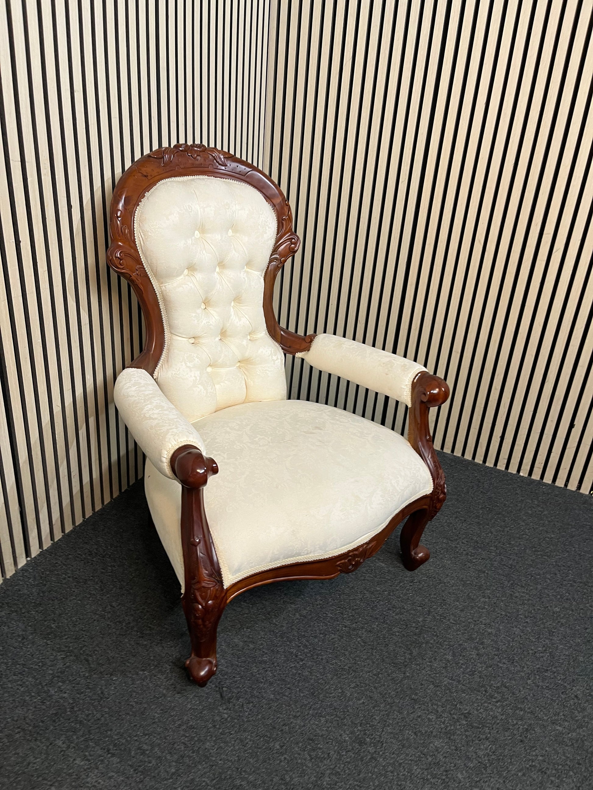 Ornate high back Cream fabric carved wingback armchair 43788