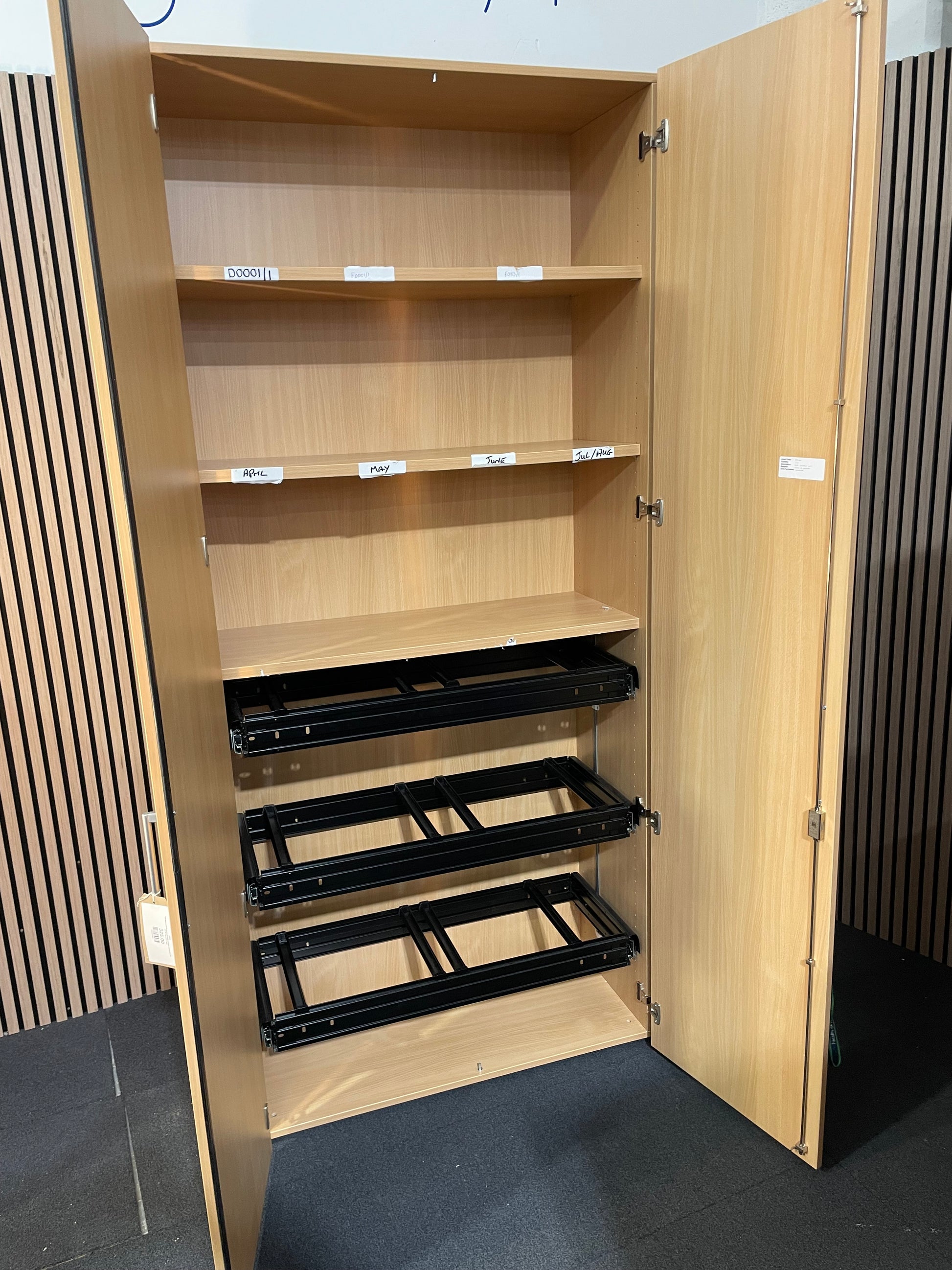 Tall beech 2 door bookcase with shelves- 225cm H x 99 cm W x 45 cm D 3425