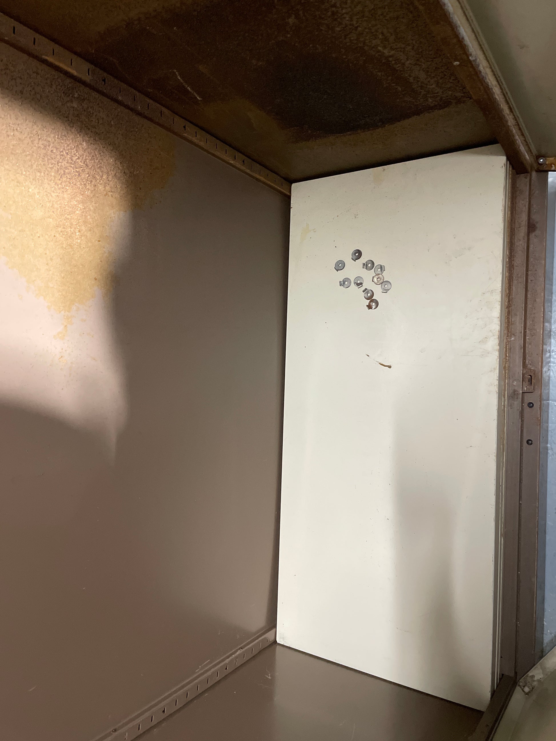 Tall 6x3 steel storage unit with 3 no. adjustable internal shelves in coffee cream metal.