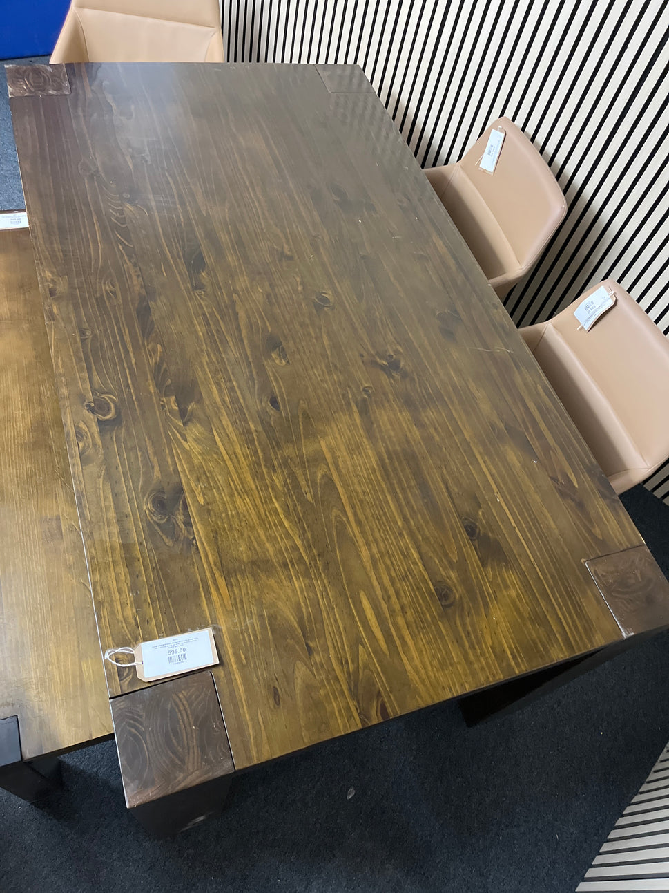 Large solid dark wood stained rectangular dining table (L180 W100 H79 cm) with matching bench and 4 no. tripod base salmon leather seats 1325