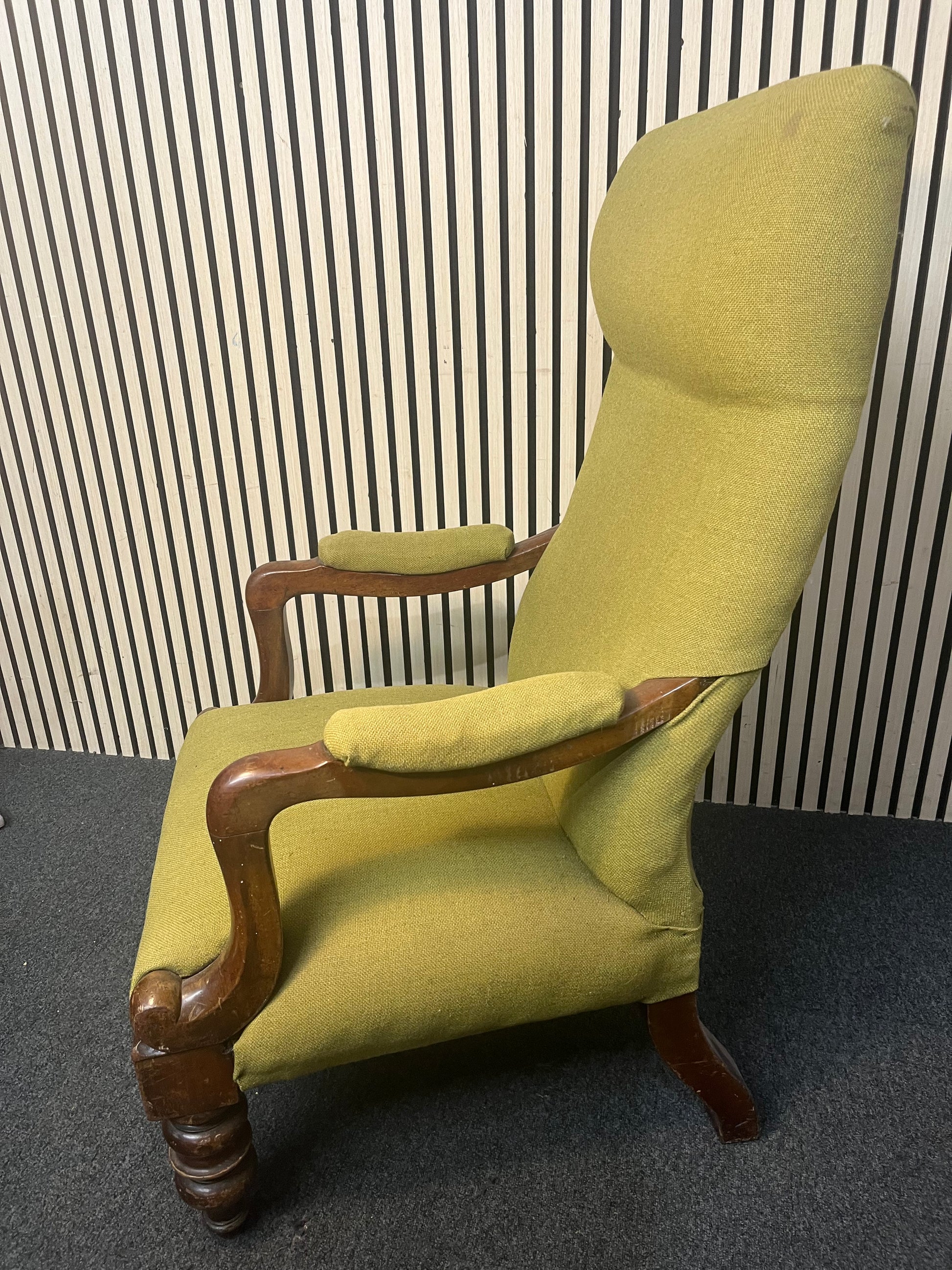 Mid-century style armchair with olive fabric and dark wood frame. 44023