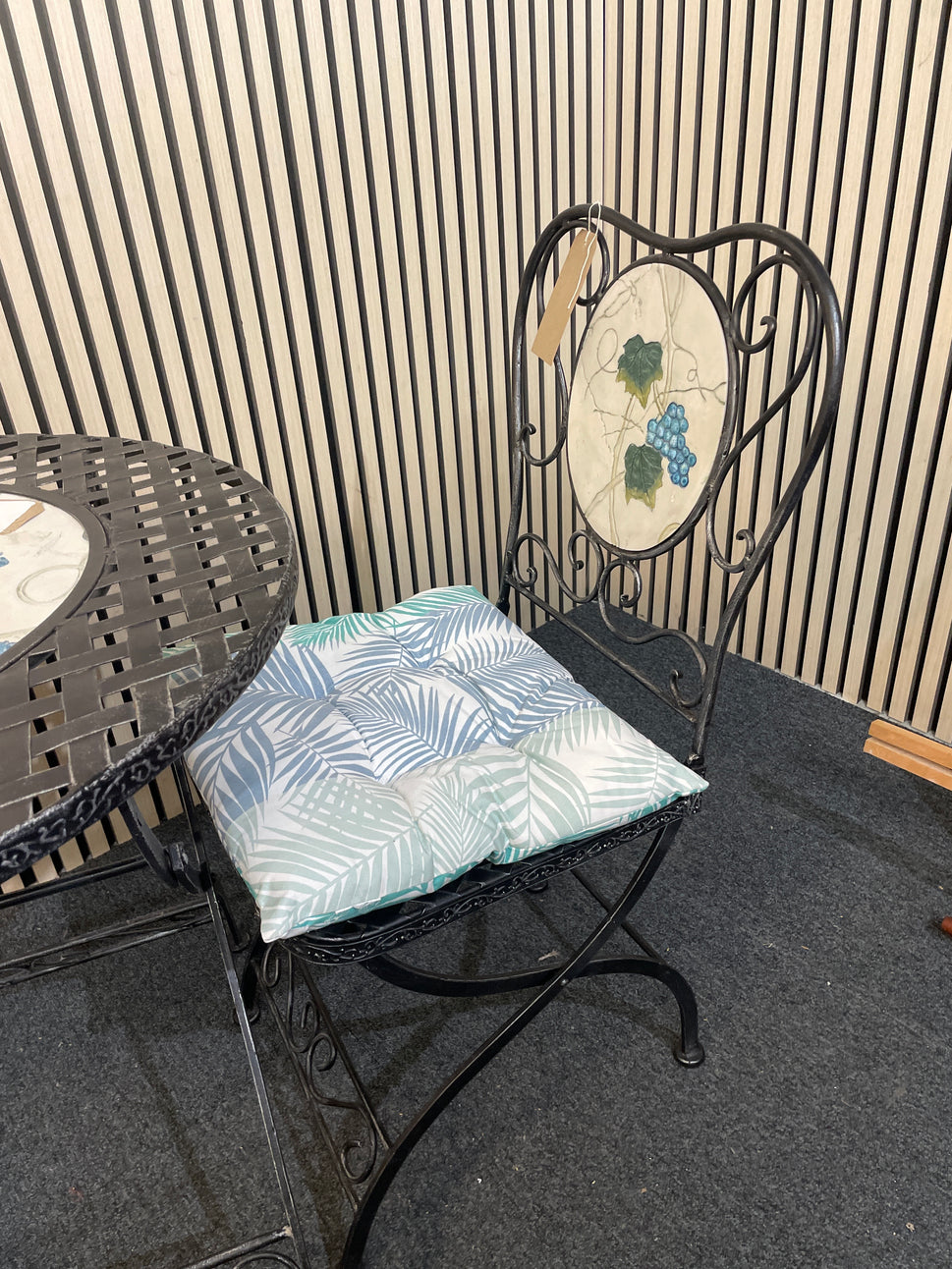 Black lattice metal outdoor circular table with 2 no. matching chairs (70 cm diameter) 2425