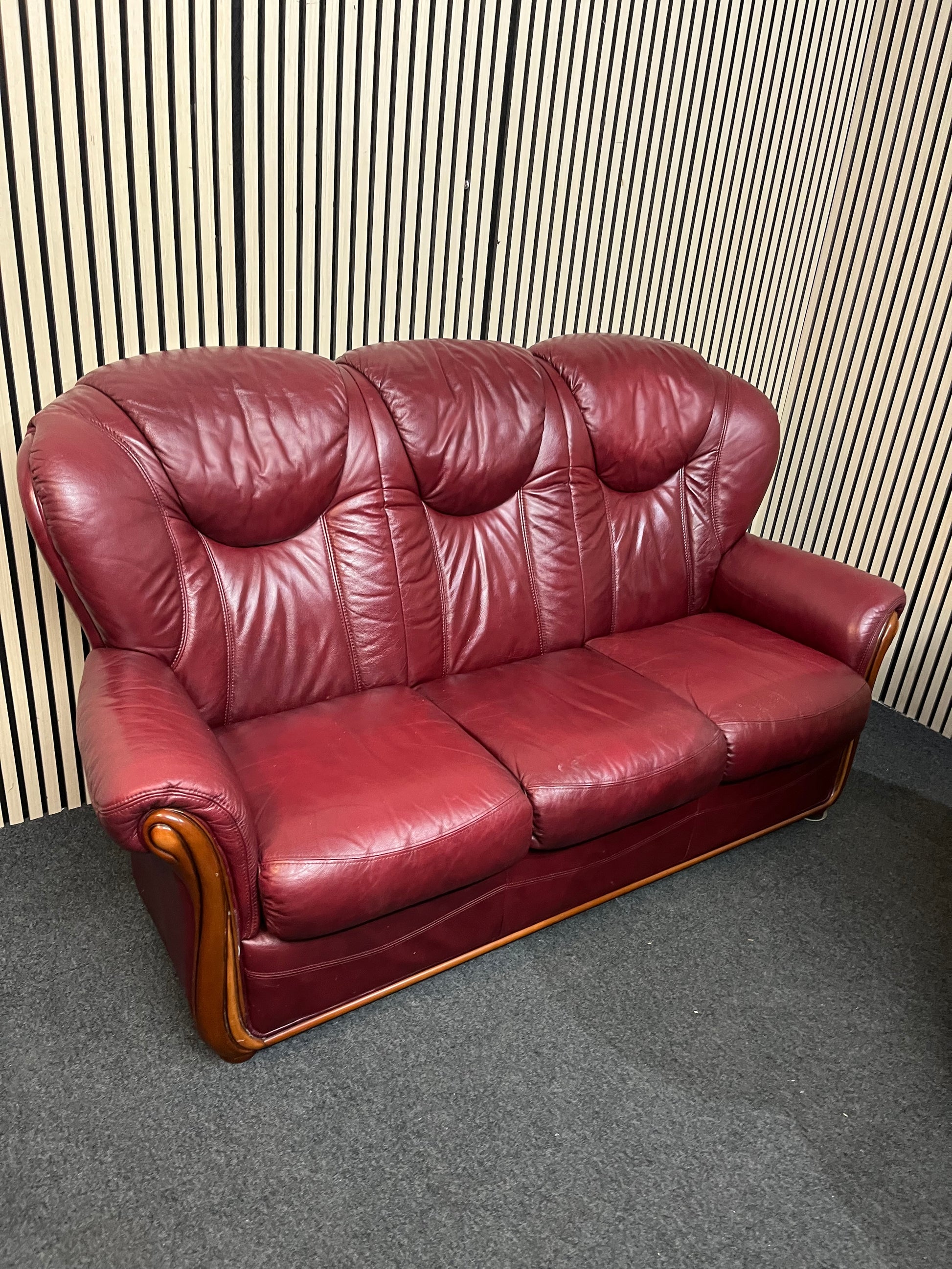 3+1+1 Wine leather Dutch Oak framed high back sofa suite 3126