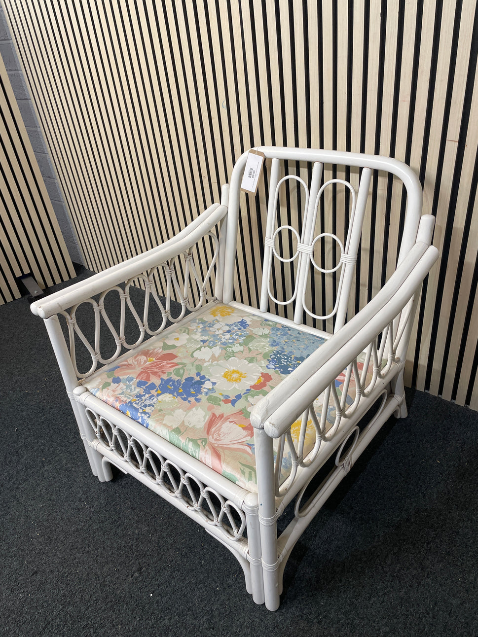 White painted cane framed armchairs with fabric seat 1126