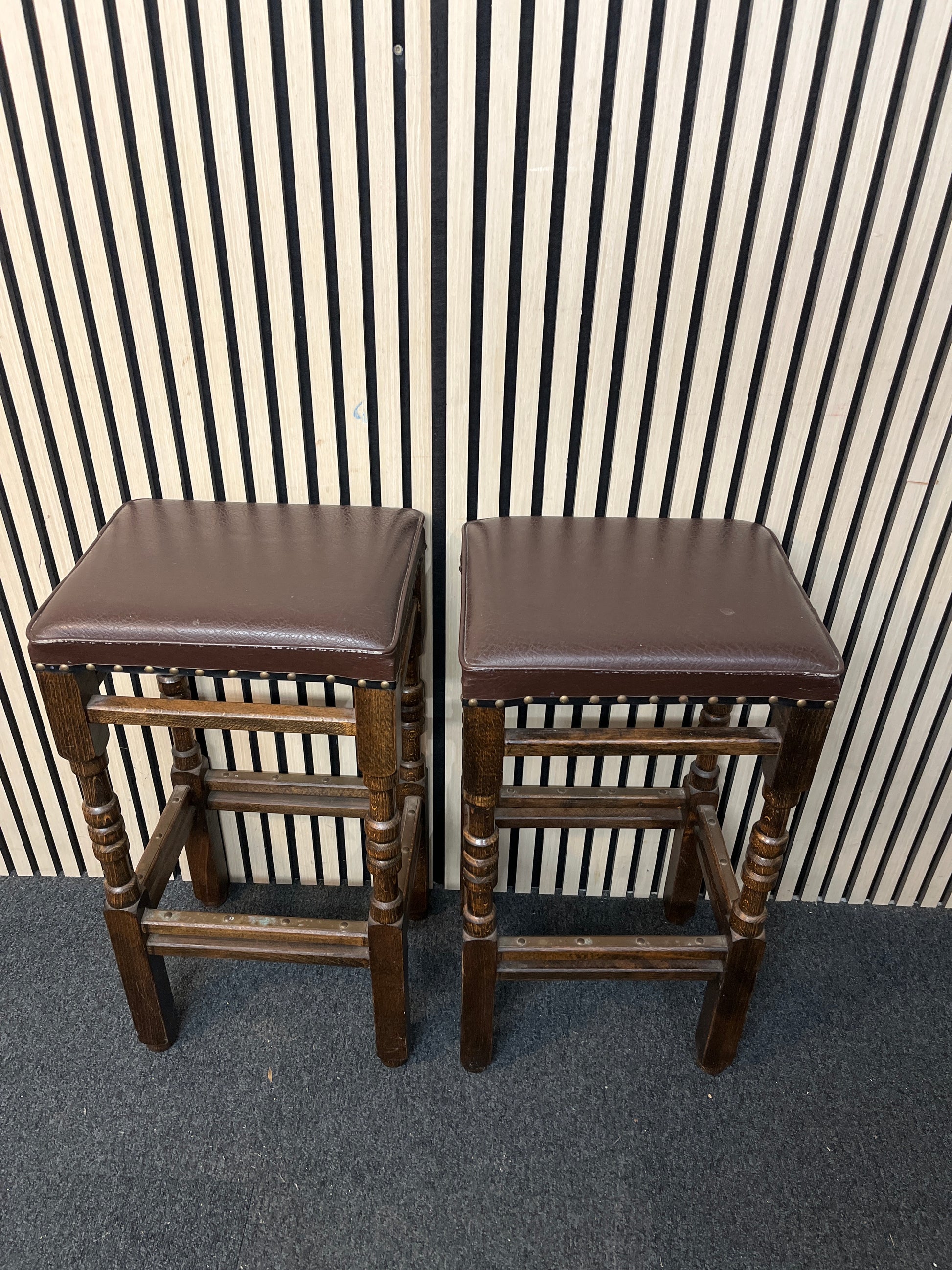 Tall solid wood bar stool with brown leatherette seat top 2425