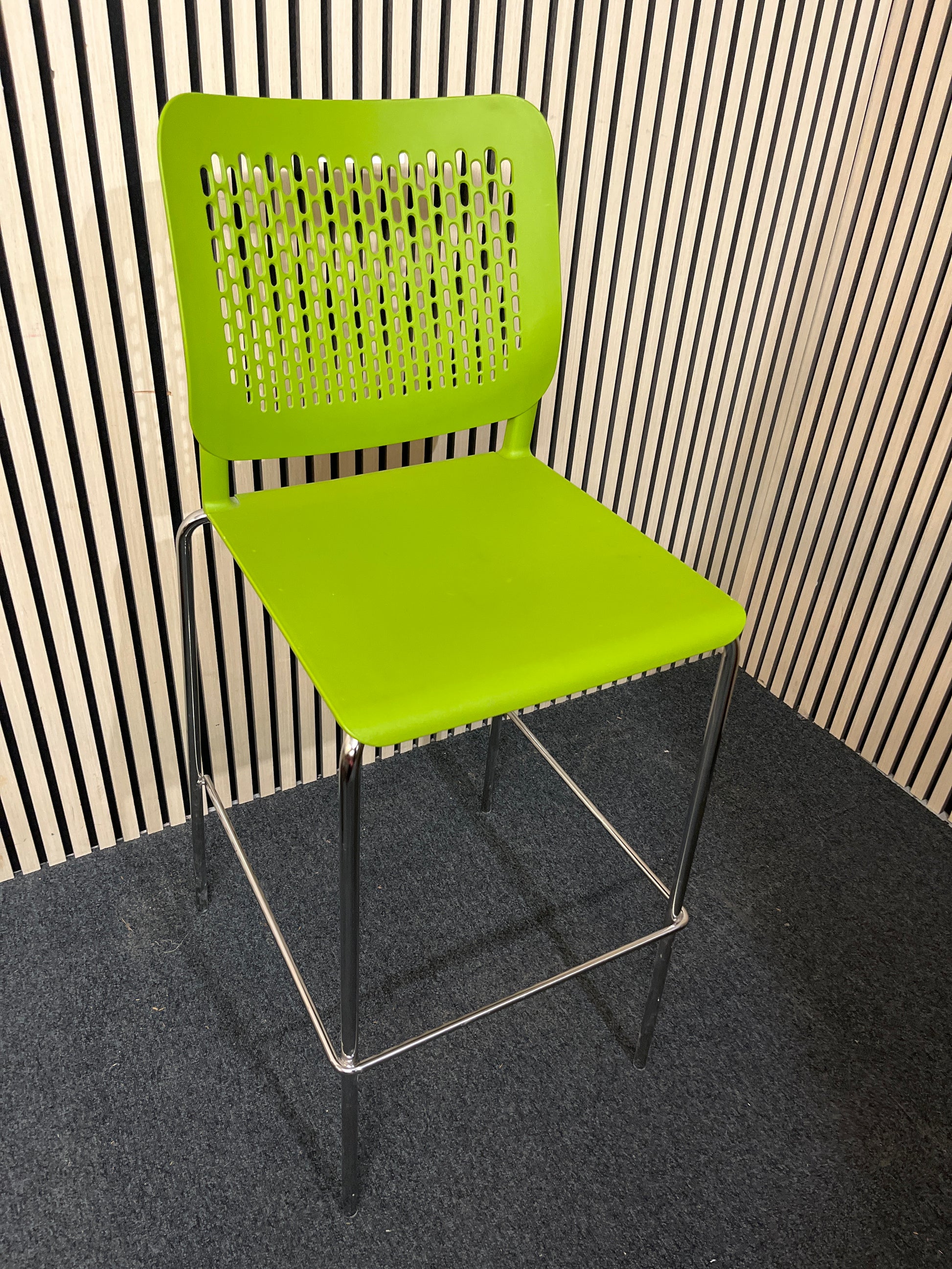 Tall chrome framed cafe stool with foot support and with polyprop lime green seat and back 1425