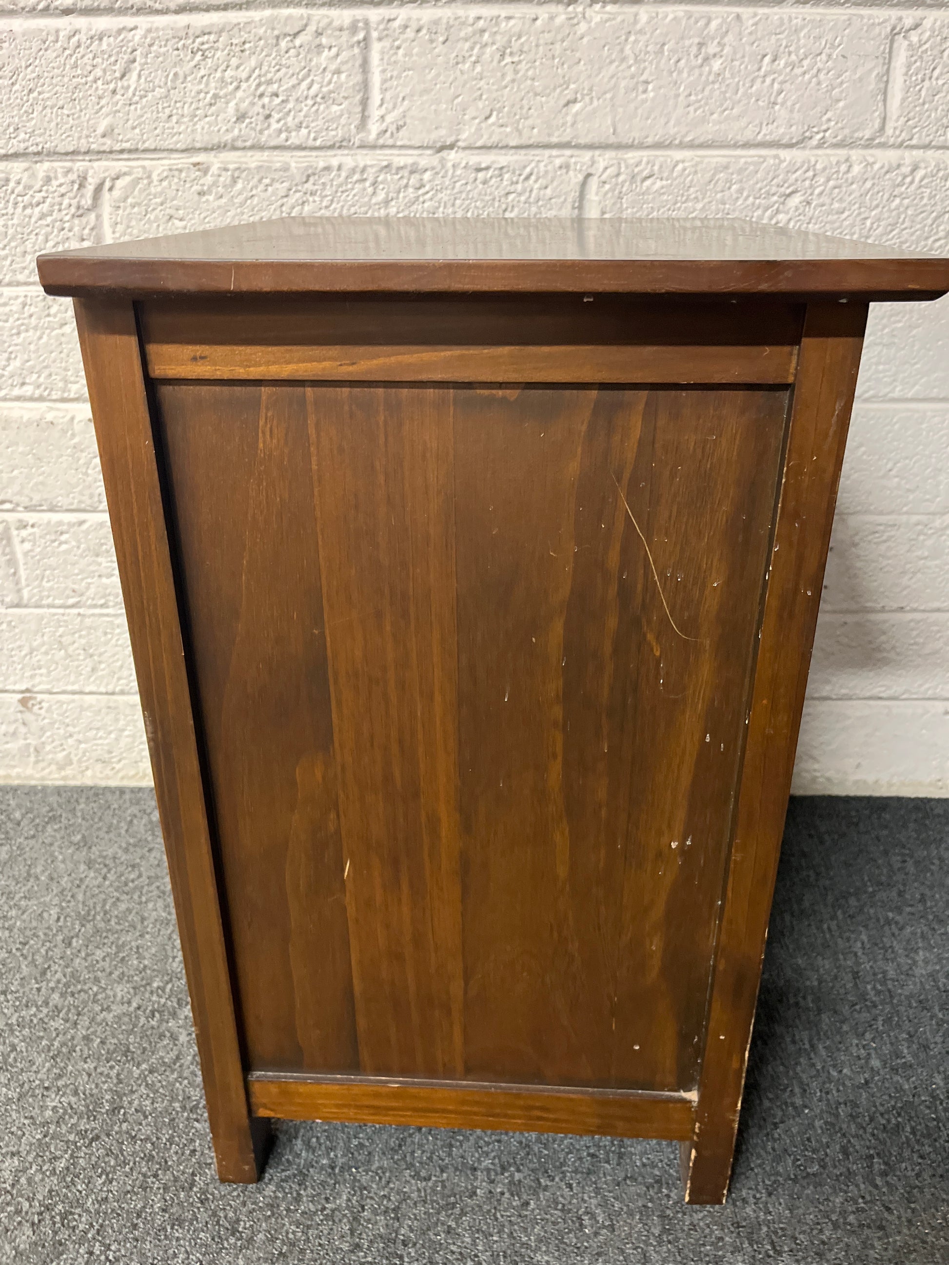 Dark wood stained 3 drawer bedside locker 1225