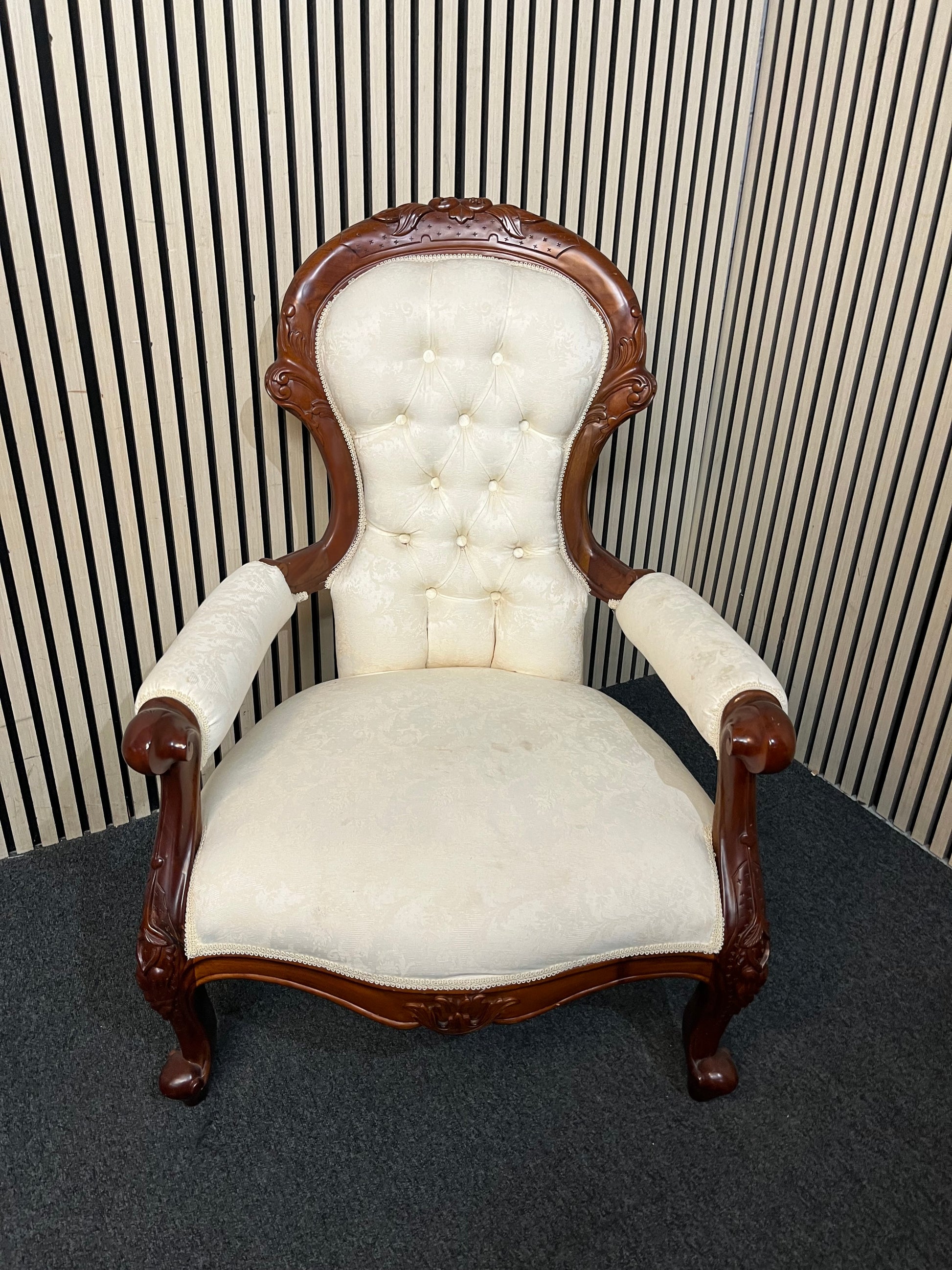 Ornate high back Cream fabric carved wingback armchair 43788