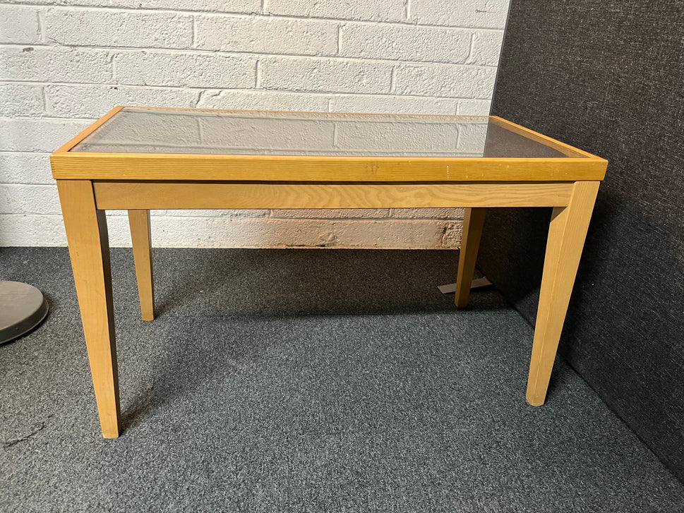 Solid wood light stained rectangular coffee table with glass top 2224