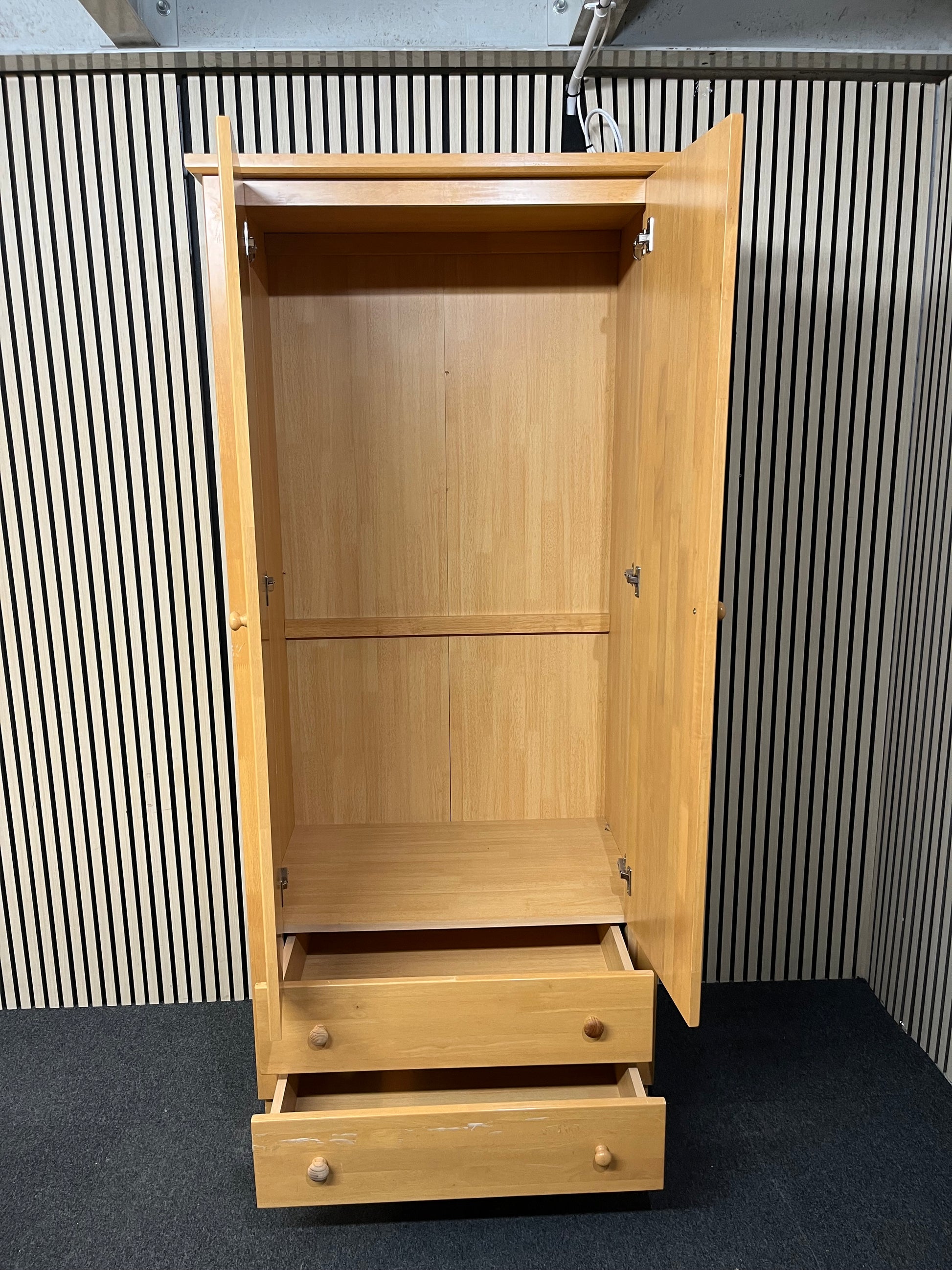 Tall beech two door wardrobe with two base drawers (H 208 x W 88 x D 58 cm) 1425