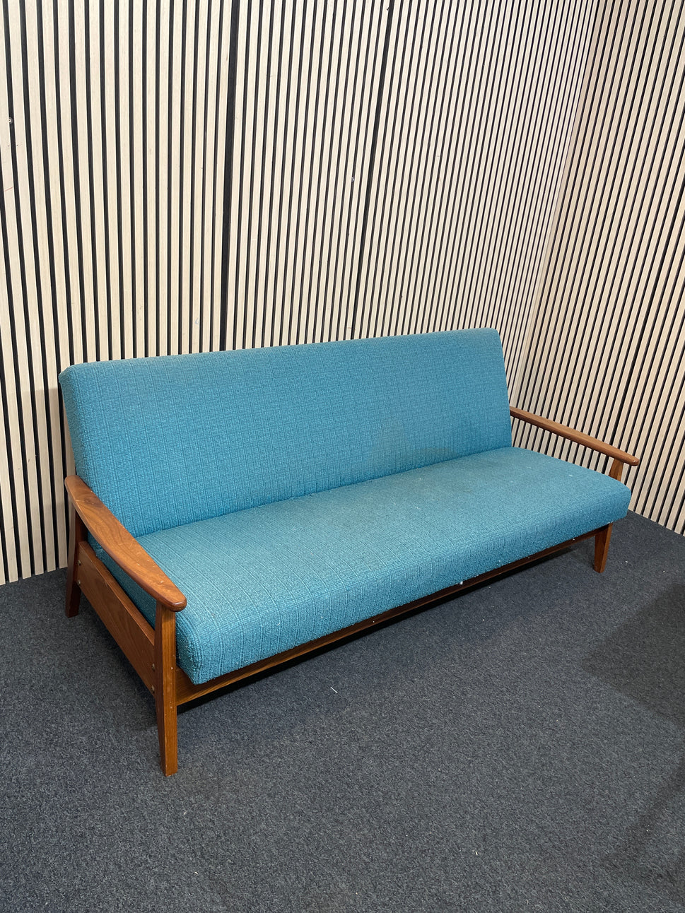 Large 3 seater teal fabric, solid dark wood frame sofa bed 1126