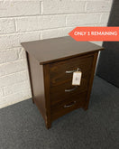 Dark wood stained 3 drawer bedside locker 1225
