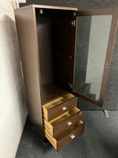 Tall mahogany laminate display cabinate with 3 drawers (H 164 x W 50 x D 42 cm) 2225