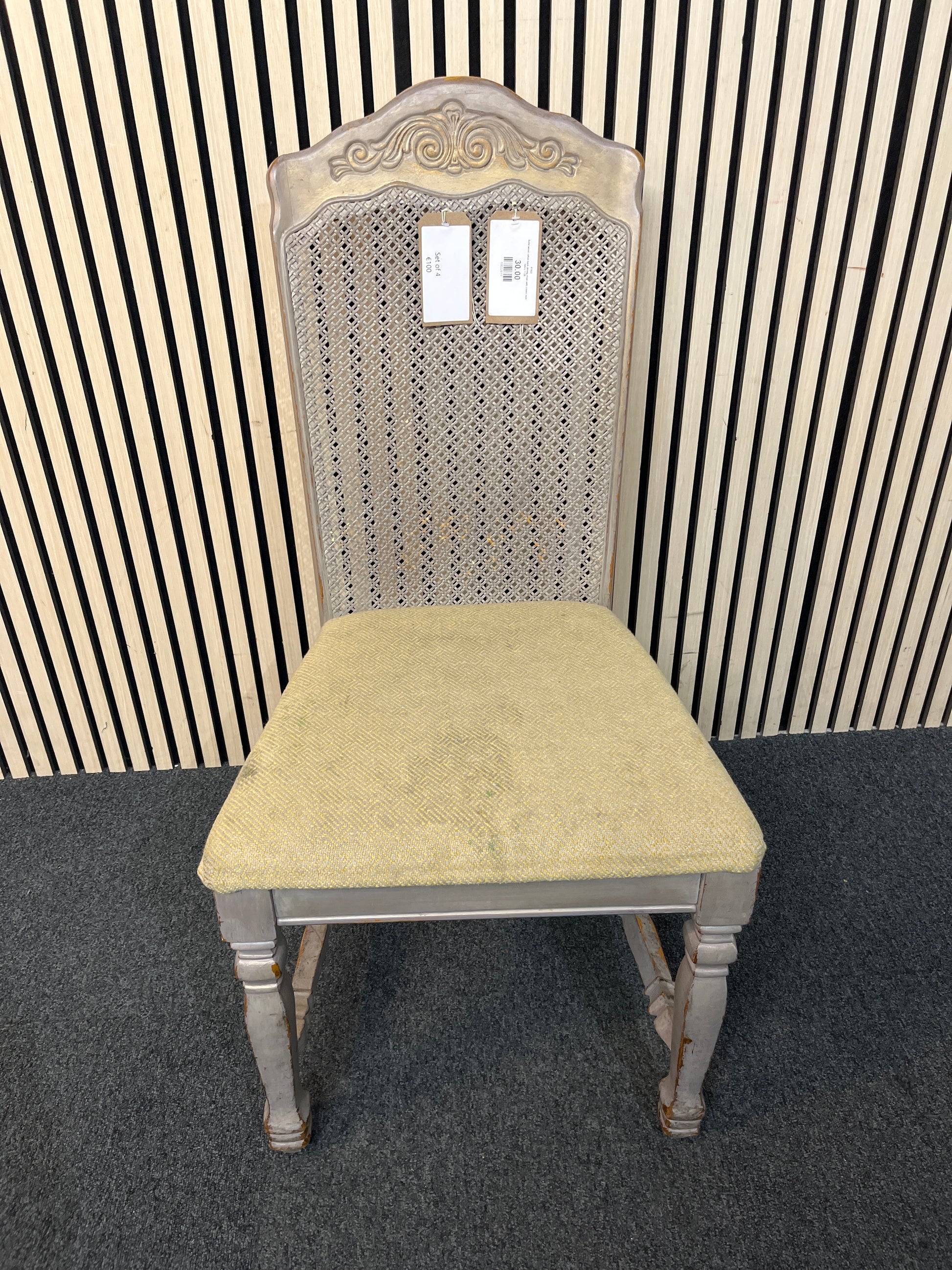 Solid wood rattan back dining chair with cream seat fabric 1126