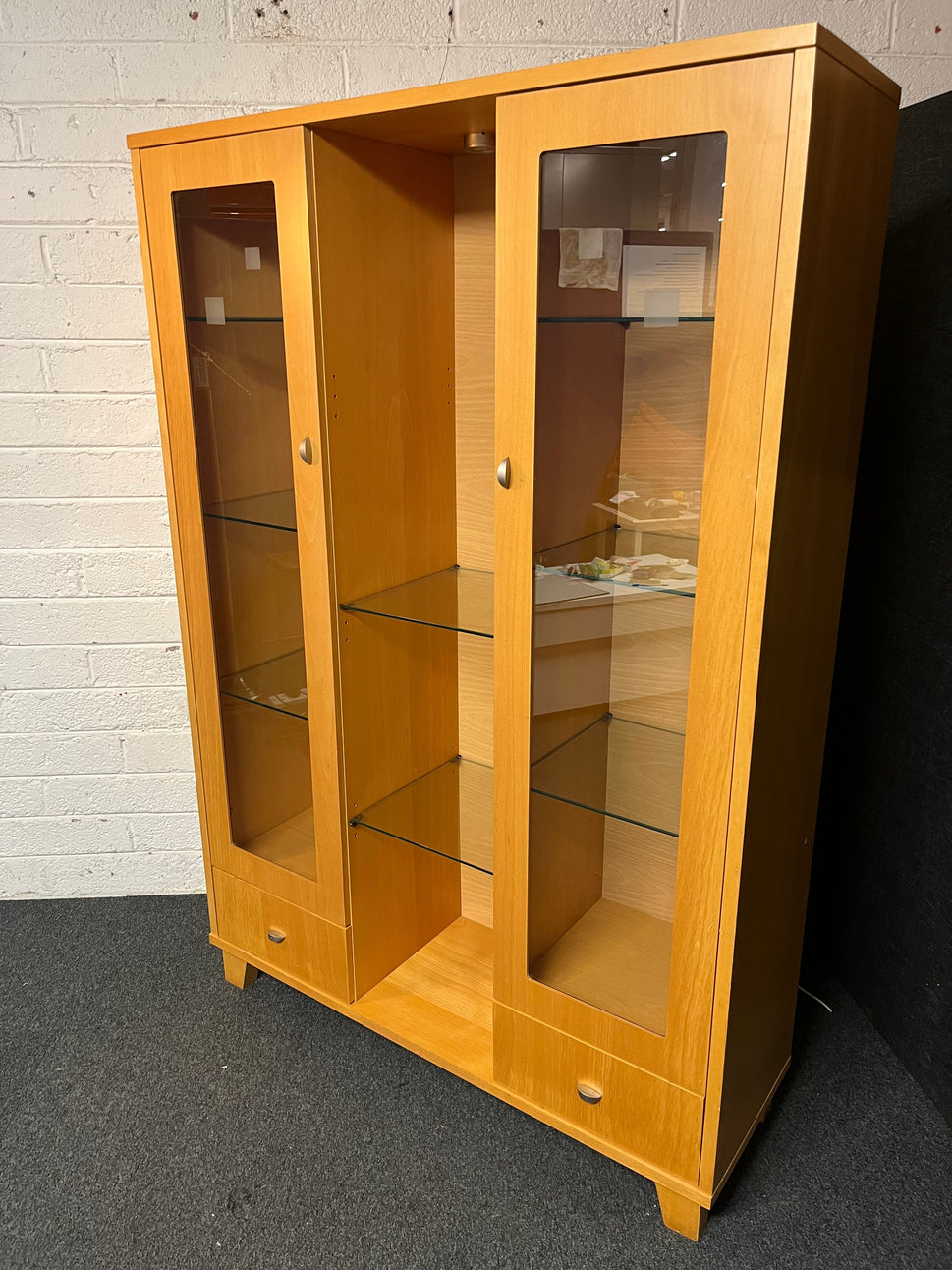 Tall beech 2 glass door 2 drawer display unit with lights (H 176 x W 120 x D 40 cm) 2225