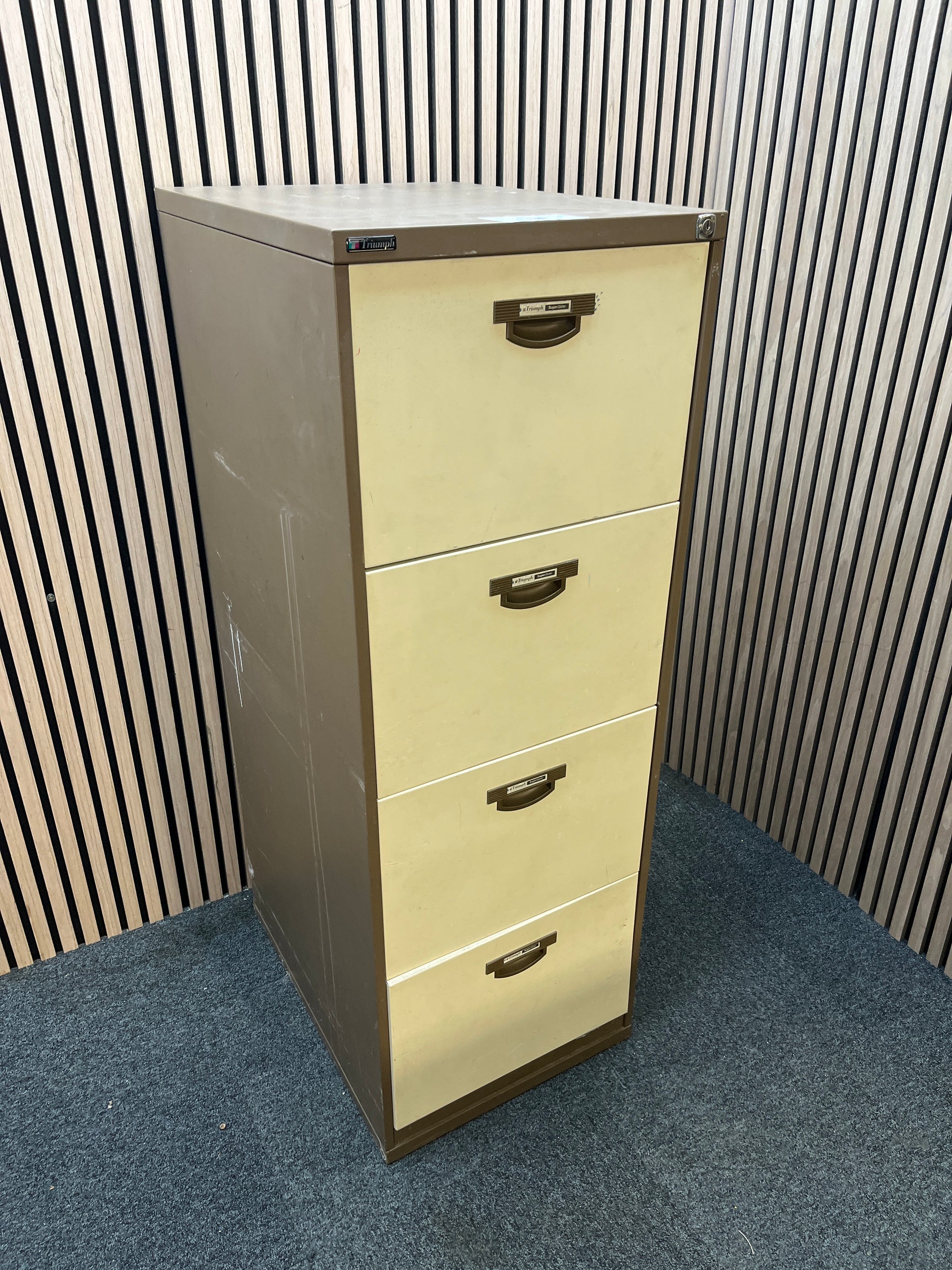 Coffee and cream metal Triumph 4 drawer filing cabinet with key