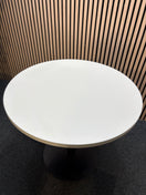 Monza circular dining table with flat black round base and white 800mm diameter table top