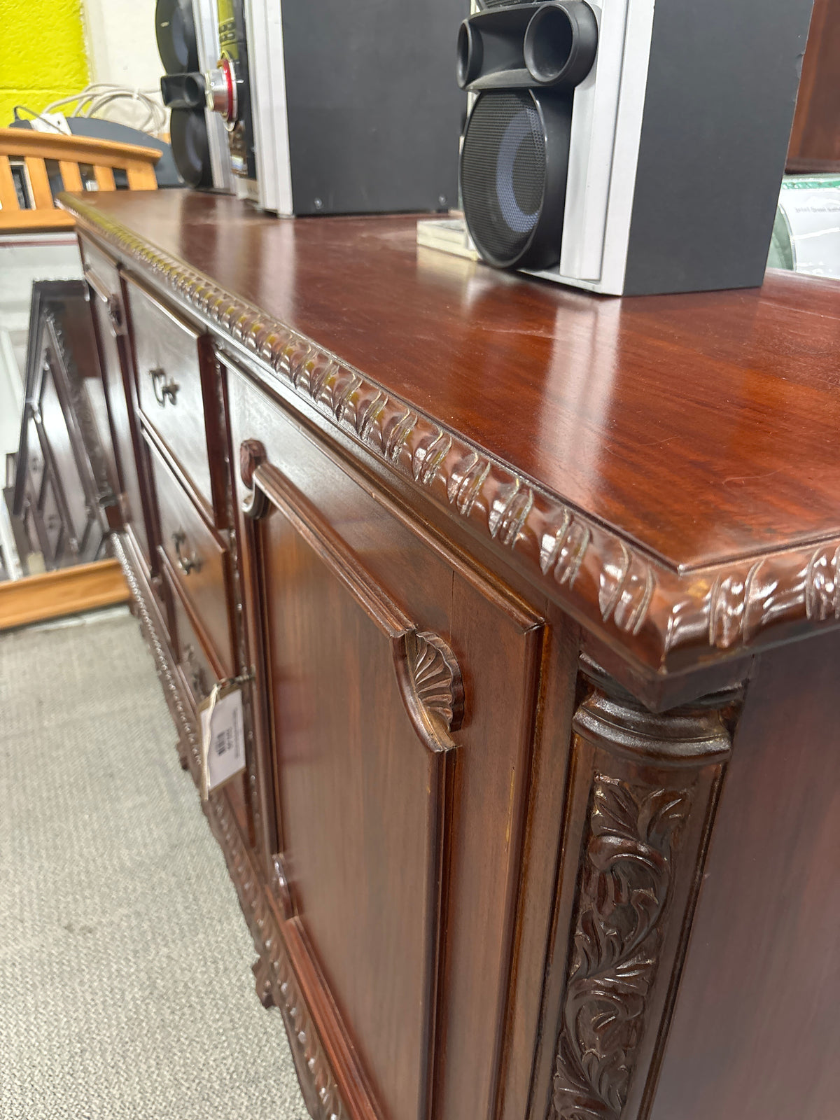 Rossmore 2 door & 3 drawer Dark carved wooden sideboard cabinet (H 95 x W 183 x D 55 cm) 43804