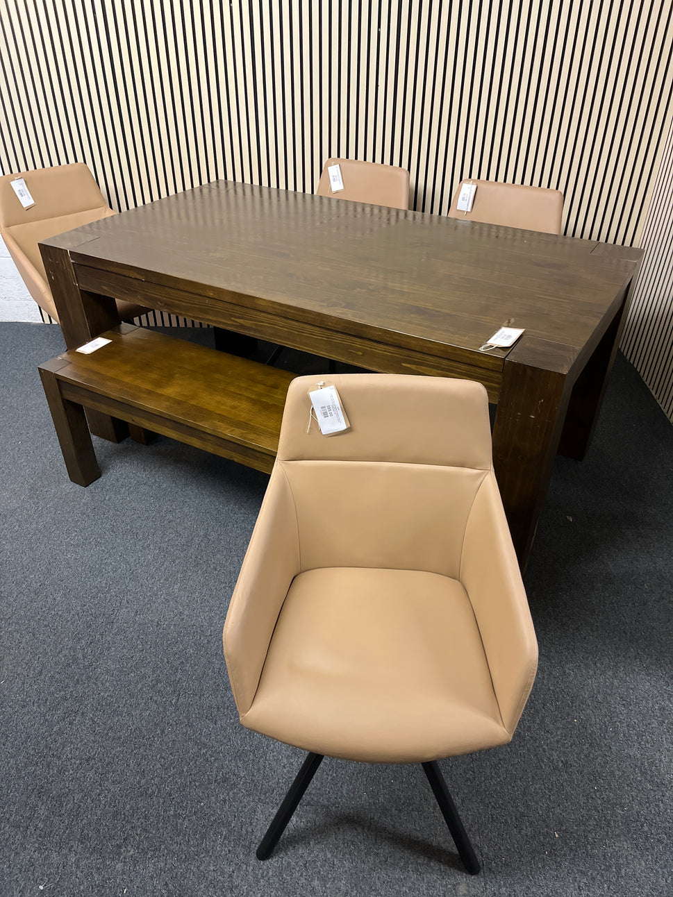 Large solid dark wood stained rectangular dining table (L180 W100 H79 cm) with matching bench and 4 no. tripod base salmon leather seats 1325