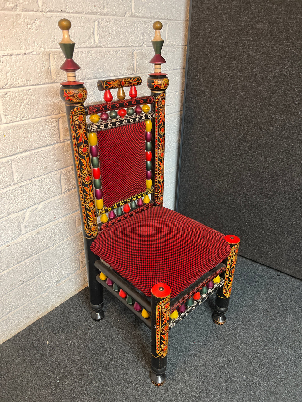 Ornate Chinese style solid wood black painted dining chair with painted detail and red and black pattern fabric seat and back. Qty of 50 no. in stock. Open to offers 2225
