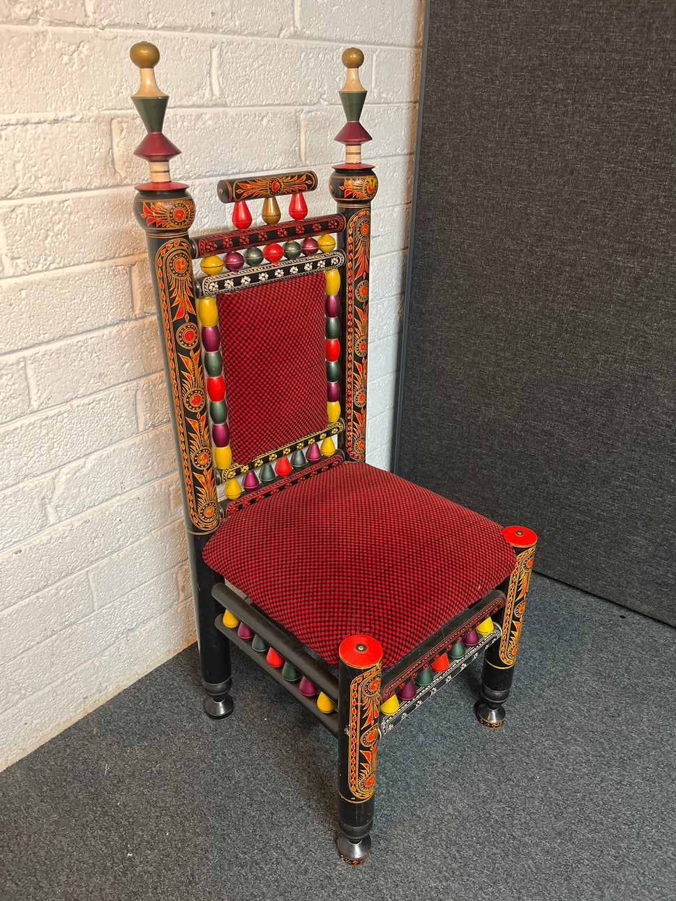 Ornate Chinese style solid wood black painted dining chair with painted detail and red and black pattern fabric seat and back. Qty of 50 no. in stock. Open to offers 2225