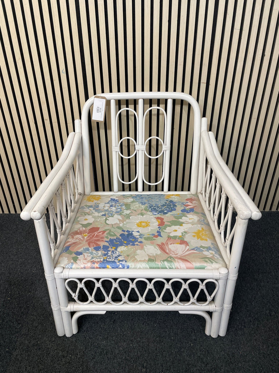 White painted cane framed armchairs with fabric seat 1126
