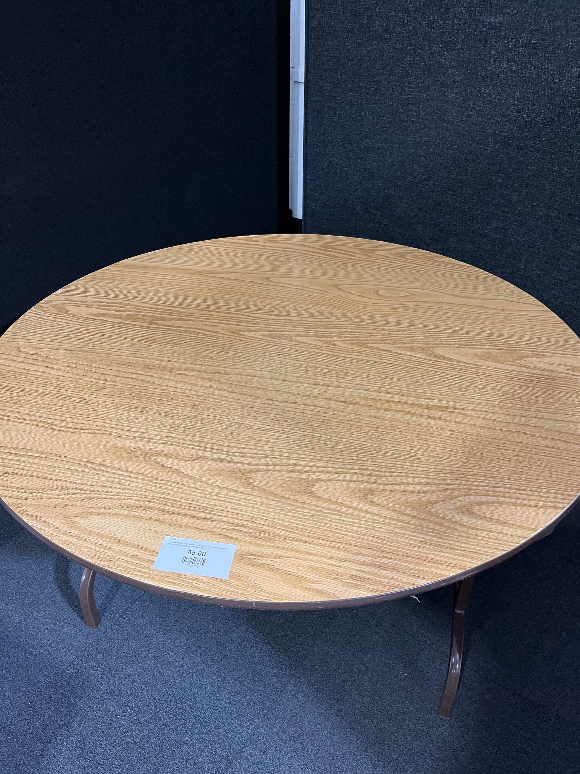 Circular folding table conference table, oak laminate, brown colour metal folding legs 4ft diameter 1425