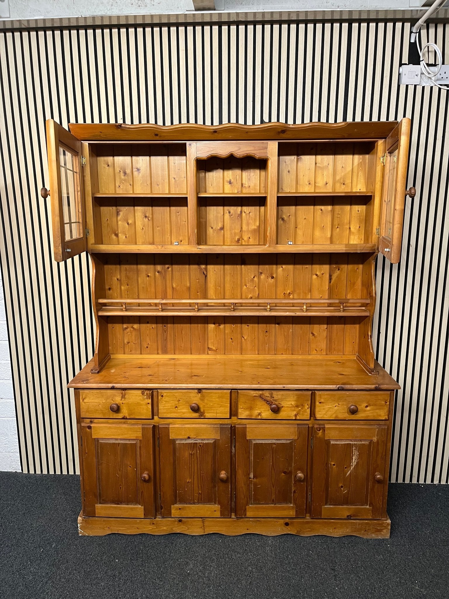 Natural pine two-glass-door top open kitchen dresser with base storage (H 193 x W 151 x D 40 cm) 1126