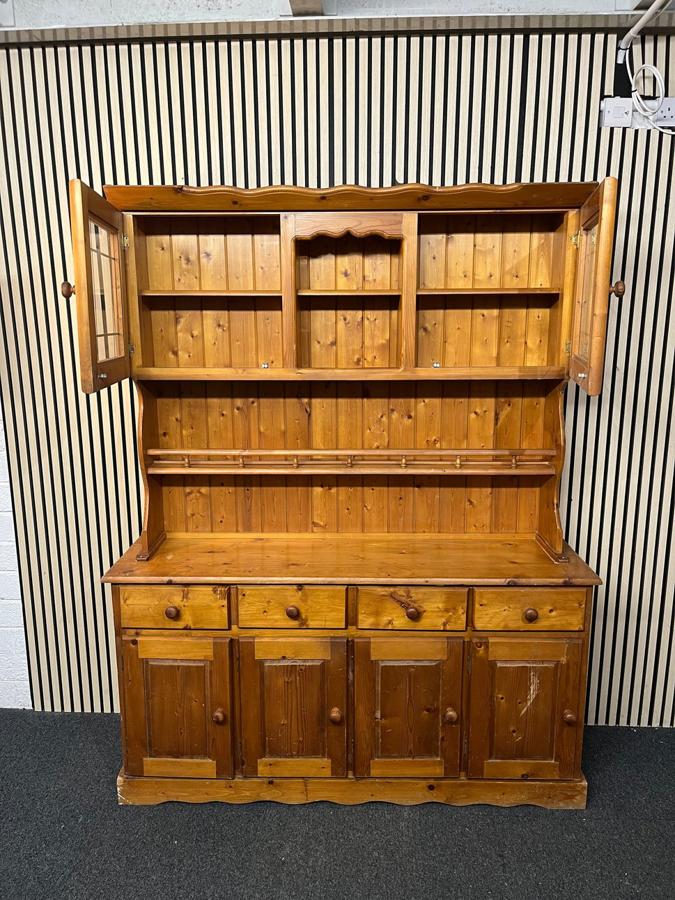 Natural pine two-glass-door top open kitchen dresser with base storage (H 193 x W 151 x D 40 cm) 1126