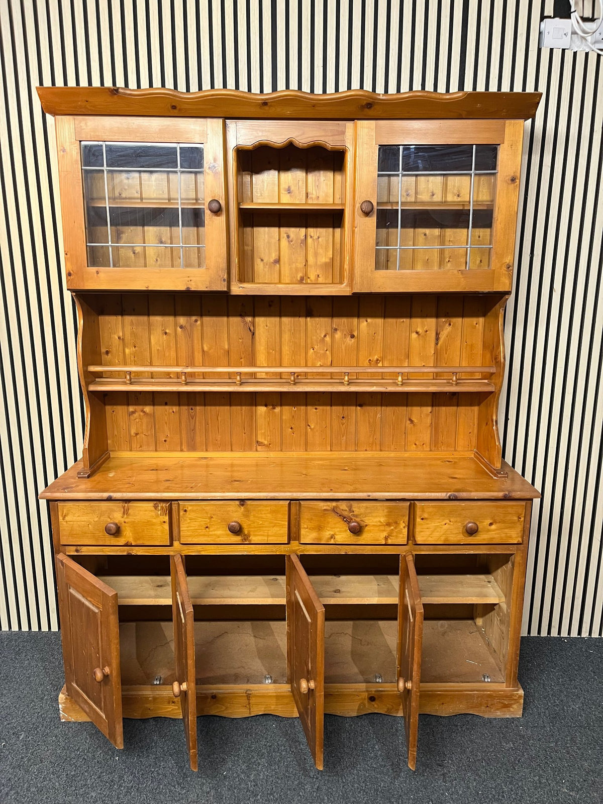 Natural pine two-glass-door top open kitchen dresser with base storage (H 193 x W 151 x D 40 cm) 1126