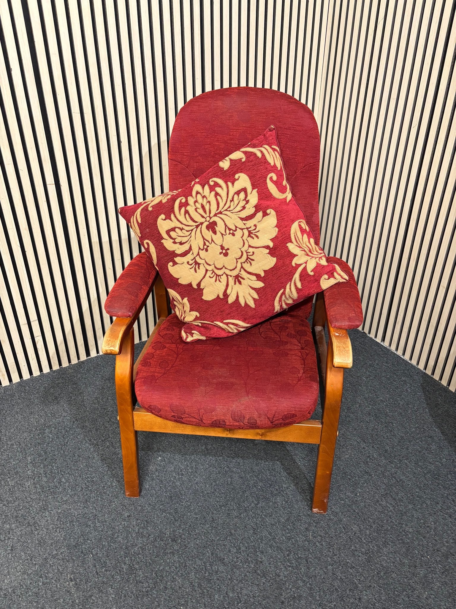 High back solid dark wood framed fireside armchair in dark wine mix fabric 3126