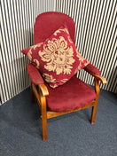 High back solid dark wood framed fireside armchair in dark wine mix fabric 3126