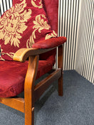 High back solid dark wood framed fireside armchair in dark wine mix fabric 3126