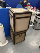 Grey fabric shipping trunks with leatherette edging 3126