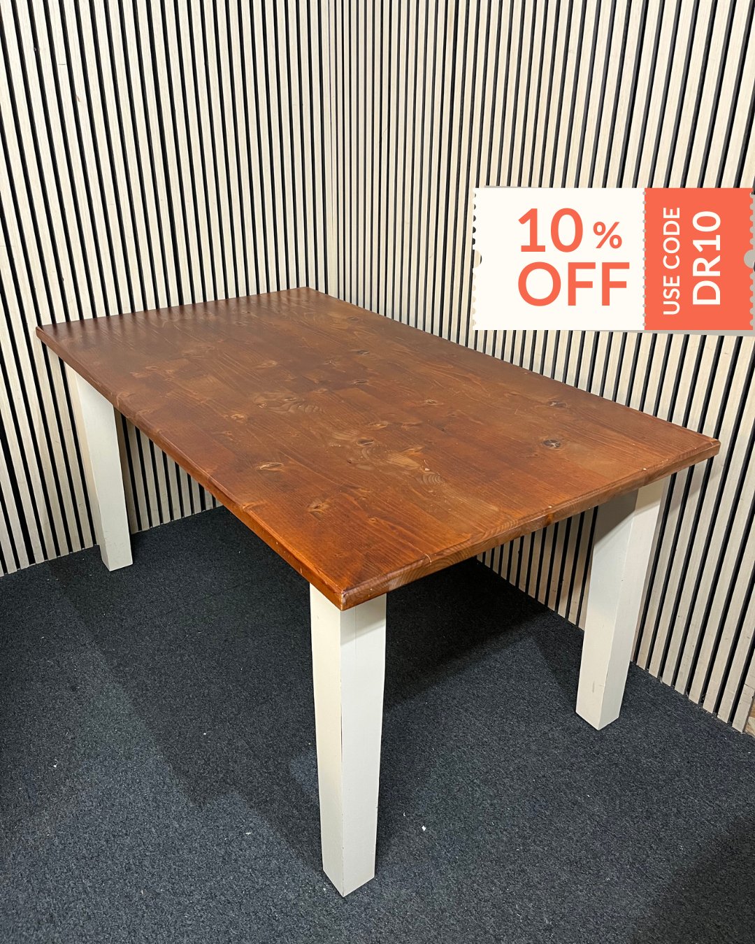 Large natural pine top kitchen table with white painted frame (L 160 x W 90 cm) 3126