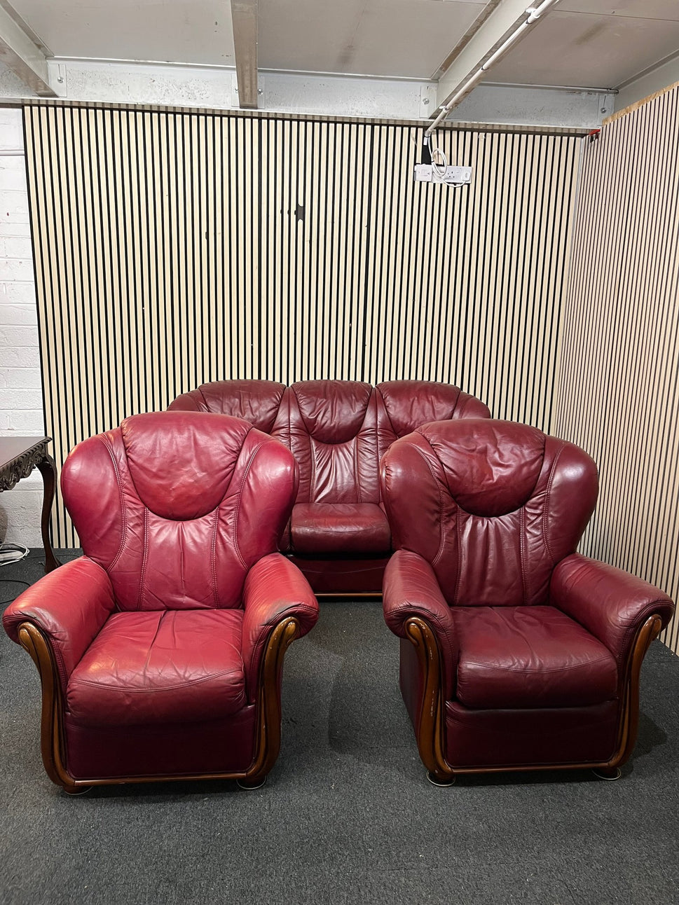 3+1+1 Wine leather Dutch Oak framed high back sofa suite 3126