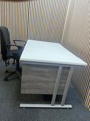 ( GRADE A) White 1400 x 800 desk with grey oak fixed pedestal + (GRADE A) Black fabric swivel chair bundle