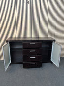 Solid dark wood stained 2 glass door 4 drawer sideboard (H 82 x W 150 x D 39 cm) 3126