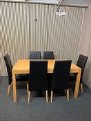 Rectangular beech dining table (L 150 x W 90 cm) with 6 black leatherette dining chairs 43505