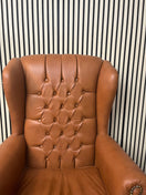 High back wing armchairs in tan leather with solid wood frame 43713