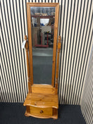 Natural pine tall cheval mirror on stand with drawer 43792