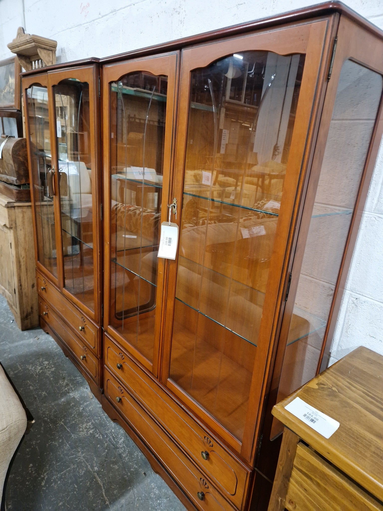 Tall rossmore mahogany 2 glass door 2 base drawer display unit 1224